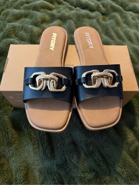 Fitory Black Slide Sandals with Gold Link Detail